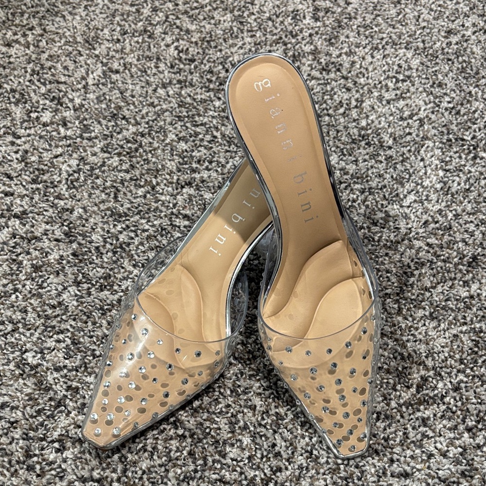 Gianni Bini Tan and Clear Studded Mules